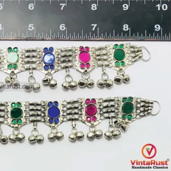 Afghan Anklets, Multicolor Glass Stone Anklets Pair, Anklets With Bells And Glas - Picture 8 of 8